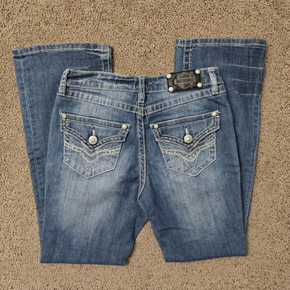 Harley Davidson Womens 6P Blue Embellished Bootcut Jeans Thick Stitch Bling - Picture 8 of 13